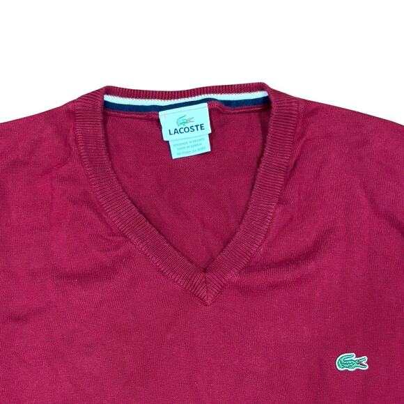 Lacoste Men's Size L (6) Red V-Neck Pullover Sweater 100% Cotton France - Picture 3 of 5